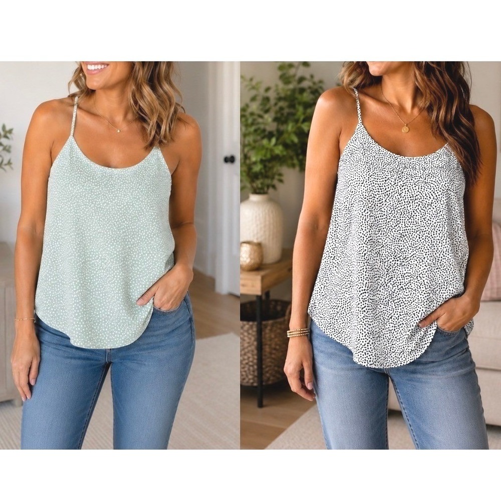 Mine Womens Medium Sage Green Black Polka Dot Cami Tank Top Lot Camisole Shirt
